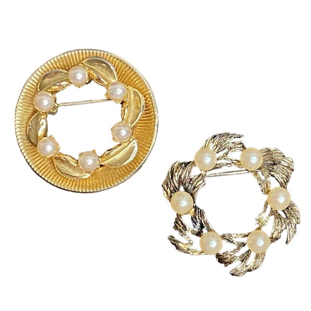 Vintage Gold Silver Tone Faux Pearl Brooch Pin Lot of 2 Fashion Costume Jewelry